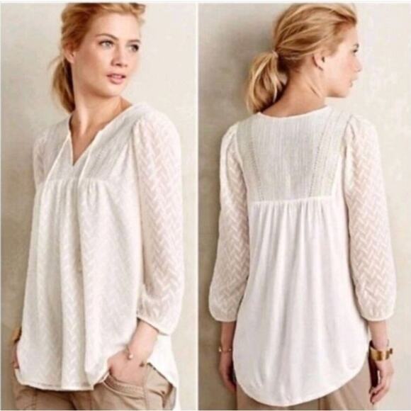 Anthropologie Tops - Anthropologie One September Attylie 3/4 Sleeve Peasant Blouse Embroidered Ivory